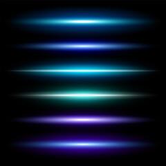 Horizontal neon lights, laser lines set, vector illustration.