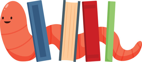 Smiling cartoon worm is holding a stack of colorful books