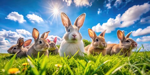 Happy Rabbit Farm with Cute Bunnies Playing in Green Grass Under Bright Blue Sky on Sunny Day