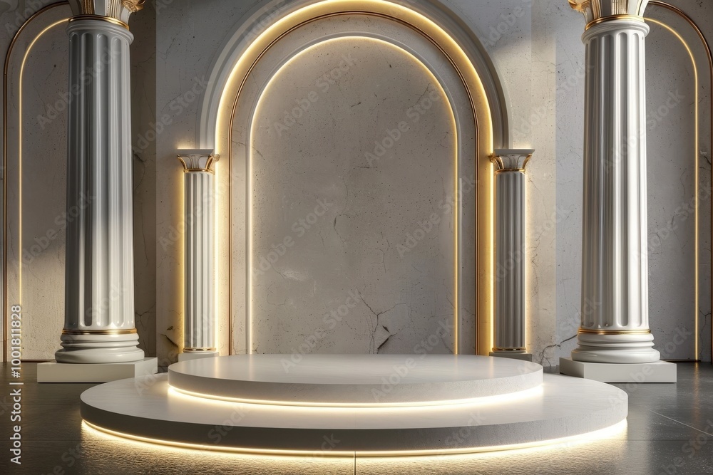 Poster modern architectural design featuring illuminated circular platform and elegant columns in a luxurio