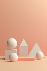 Fototapeta premium Minimalist 3D Scene with Geometric Shapes: Cubes, Spheres, and Pyramids on a Flat Background, generative ai