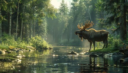 Moose standing by forest stream in peaceful woodland
