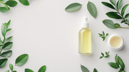Natural skincare products with green leaves on white background