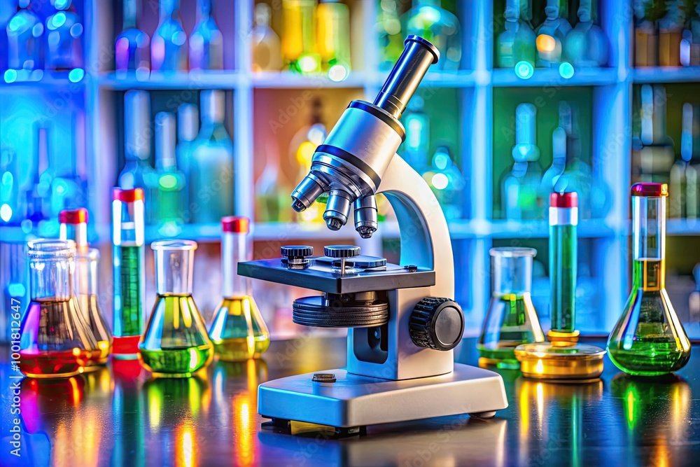 Poster high-quality image of a modern compound microscope on a clean laboratory workbench background