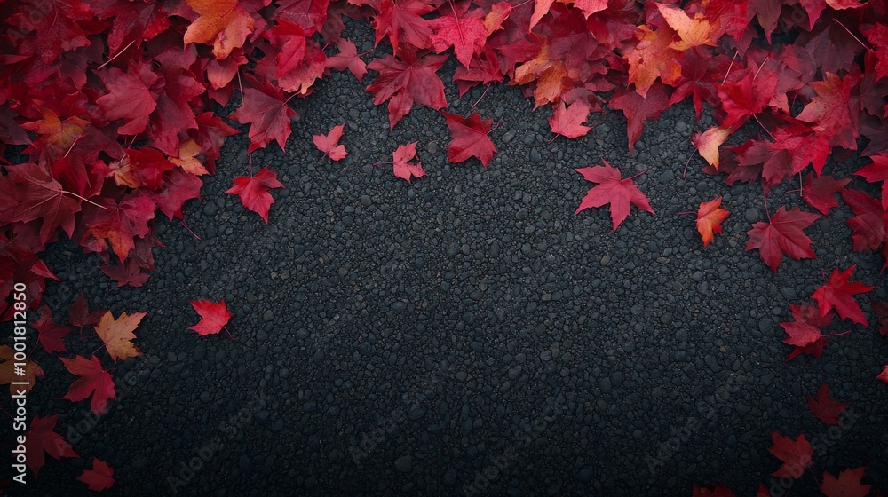 Poster a close-up view of a gravel path showcases bright red and yellow maple leaves scattered on a dark su
