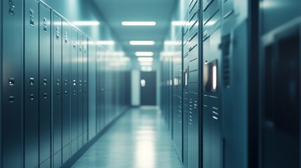Fototapeta premium Illuminated Corridor with Lockers in School or Office Building