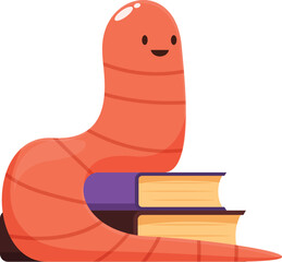 Cute cartoon worm smiling after finishing reading a stack of books