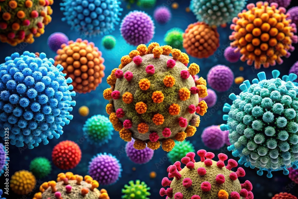 Poster high-resolution electron microscopy images showcasing various virus structures and morphologies
