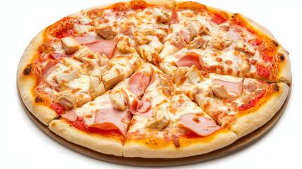 Whole sliced pizza with ham and chicken on white background