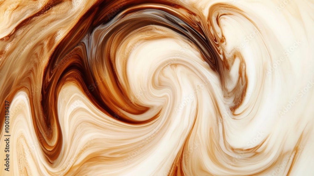 Aufkleber Swirling coffee gracefully merges with milk, creating an abstract pattern in a blend of rich hues and smooth textures. Generative AI