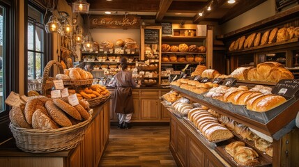 A bakery counter with an assortment of breads and pastries on display, with a warm, rustic ambiance and a baker greeting customers