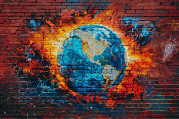 Graffiti art depicting fragile burning Earth on brick wall, global warming awareness