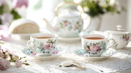 Fototapeta premium A beautifully arranged tea set with delicate floral cups and saucers, on a white lace tablecloth, in a bright room -