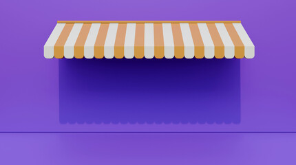 Striped street shop tent 3d illustration on purple wall. Realistic striped cafe awning on purple wall. Outdoor market tent. Roof canopy. Summer street store.