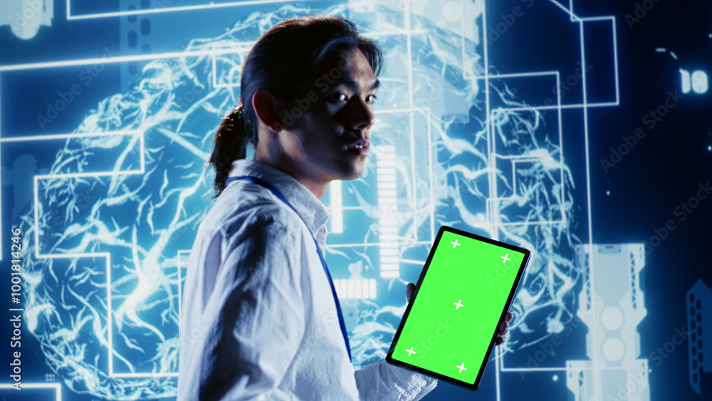 Aufkleber tech savvy it practitioner using green screen tablet to implement artificial intelligence parallel p