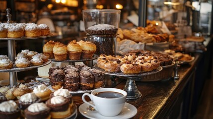 Fototapeta premium A counter full of various pastries and desserts, with a cup of coffee in the foreground, creating an inviting scene for a delicious breakfast -