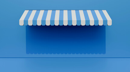 Striped street shop tent 3d illustration on blue wall. Realistic striped cafe awning on blue wall. Outdoor market tent. Roof canopy. Summer street store.
