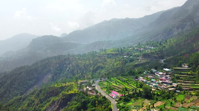 Aerial view of beautiful view of smanora range village is located in forest cd block nainital block and nainital tehsil of Nainital district. uttarakhand, India