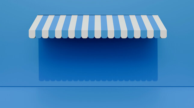 Striped street shop tent 3d illustration on blue wall. Realistic striped cafe awning on blue wall. Outdoor market tent. Roof canopy. Summer street store.