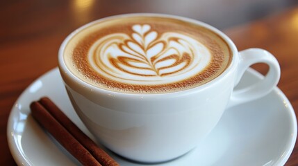 A close-up of an intricate latte art design in a white cup, with a cinnamon stick placed next to the saucer, surrounded by a warm ambiance