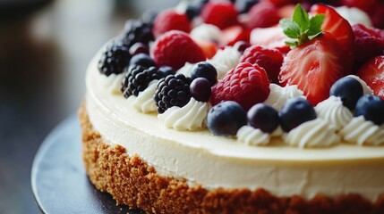 A close-up shot of a freshly baked cheesecake with a graham cracker crust, topped with fresh fruit and whipped cream, perfect for a sweet indulgence