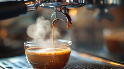 A close-up shot of an espresso shot being pulled from a professional espresso machine, with rich crema forming on top and steam rising from the cup -