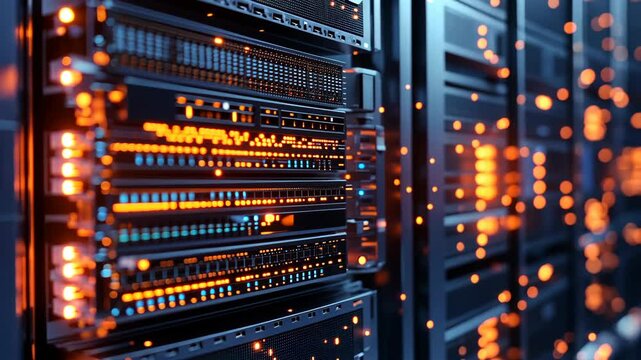 A close-up view of a server rack in a data center, with glowing lights illuminating the intricate hardware