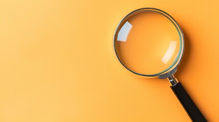 Photo of magnifying glass on left side over orange pastel background with copyspace for put your text or logo.,Flat lay top view mock-up item concept. with generative ai