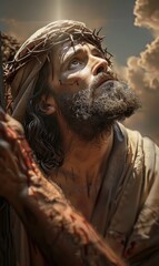 Sorrowful journey: Jesus Christ walking to Golgotha, bearing a heavy wooden cross on his shoulders, his face reflecting suffering and fatigue in this poignant religious depiction