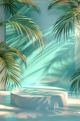 Obraz premium Tranquil tropical escape captured in soft light with palm fronds casting shadows in a serene, modern space. Generative AI