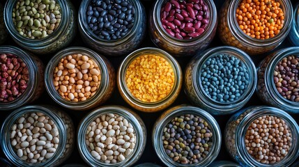 A flat lay of various dried beans in glass jars, showcasing an array of vibrant colors and textures, perfect for a pantry organization scene