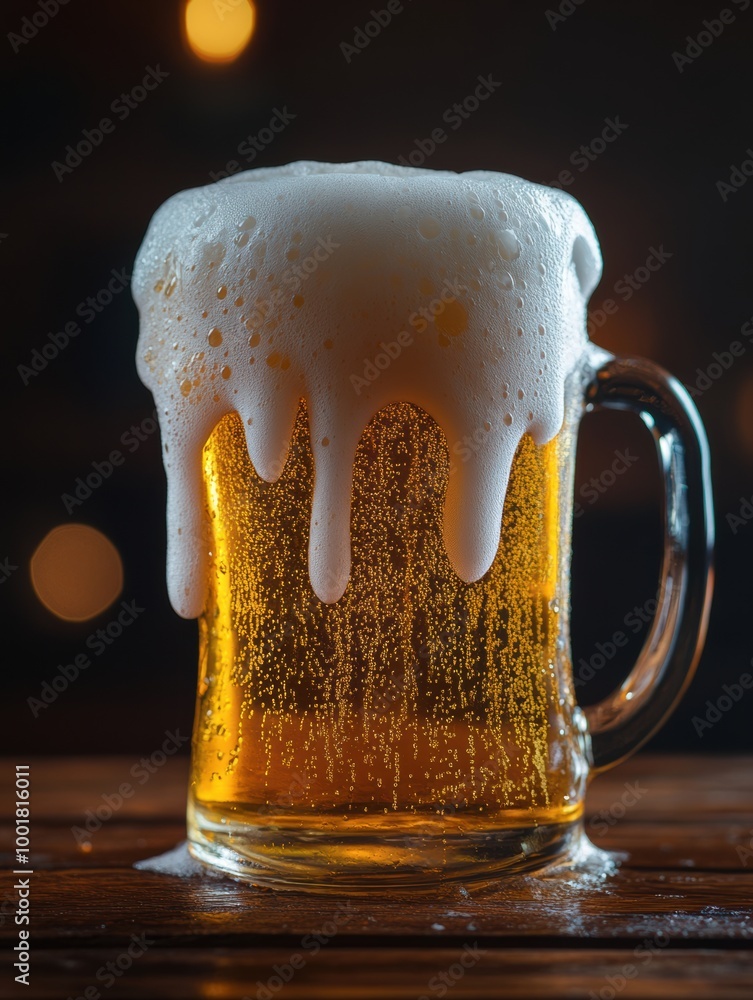 Aufkleber Close-up of a frothy beer mug overflowing with foam on a rustic wooden table in a cozy, dimly lit setting. Generative AI