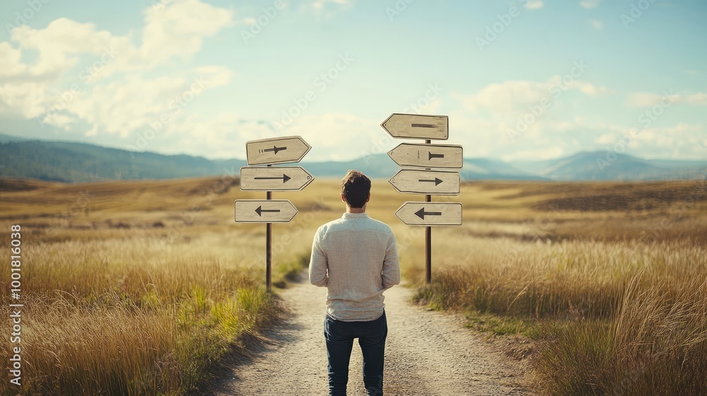 Poster a man standing at a crossroads in a vast open field, looking at multiple directional signs, each poi