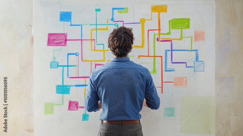Poster a man staring at a colorful flowchart drawn on a whiteboard, analyzing multiple pathways and options