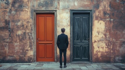 A man standing in front of two doors, one modern and bright, the other old and worn, symbolizing choices between innovation and tradition, progress and comfort