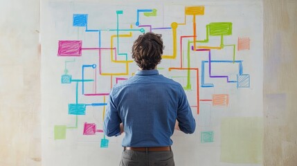 A man staring at a colorful flowchart drawn on a whiteboard, analyzing multiple pathways and options, symbolizing the strategic decisions faced in business and life