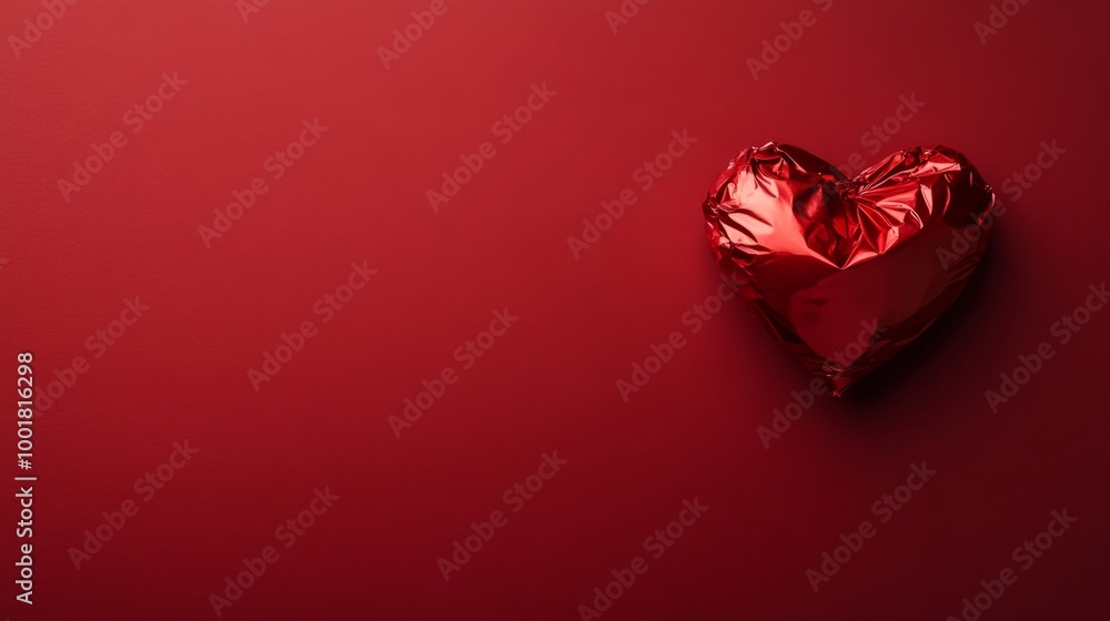 Poster a heart-shaped metallic object, crinkled and reflective, is positioned against a deep red backdrop, 