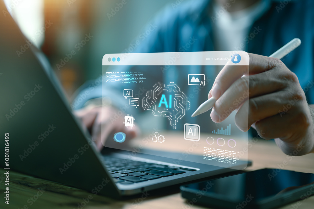 Poster Ai technology, Artificial Intelligence. man using technology smart robot AI, artificial intelligence by enter command prompt for generates something, Futuristic technology transformation. Chat with AI