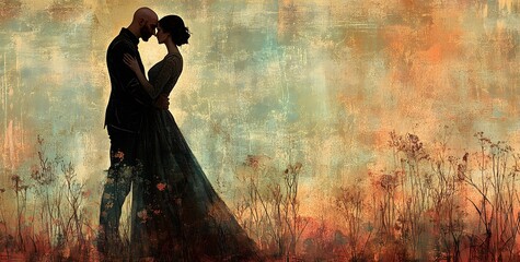 Naklejka premium In a dreamlike tableau, two silhouetted figures share an intimate moment amidst a backdrop of ethereal hues and abstract textures, evoking a sense of timeless romance. 