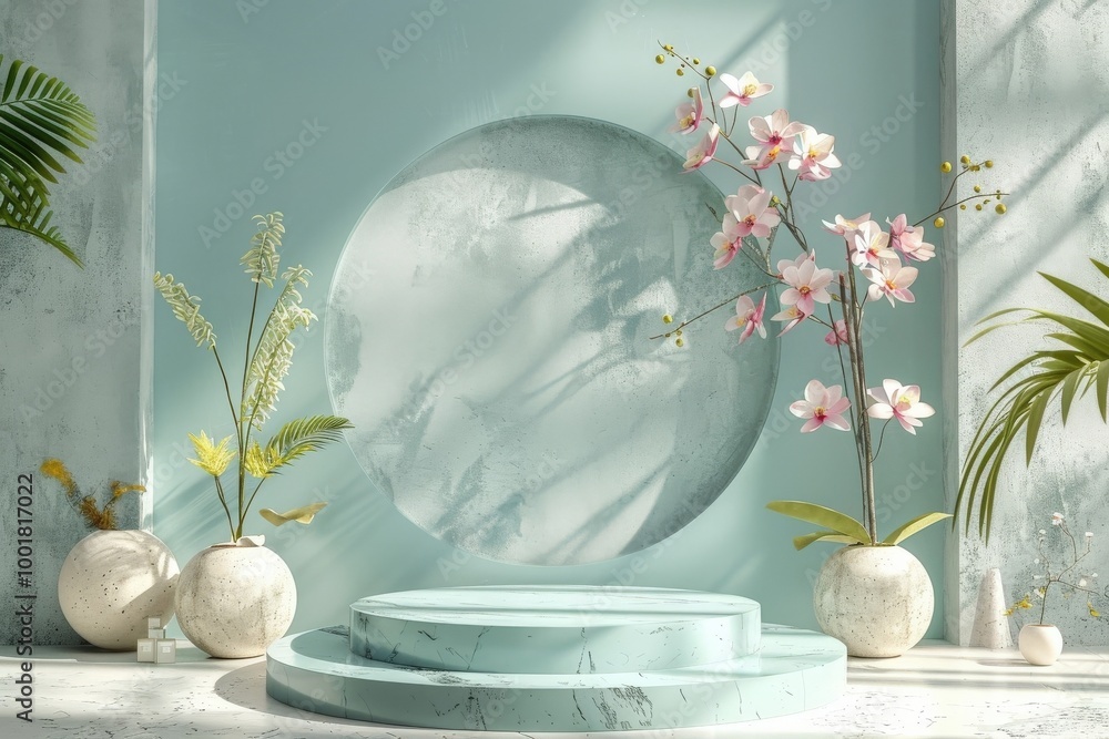 Poster a serene artistic display featuring floral arrangements and elegant design elements in a tranquil, l