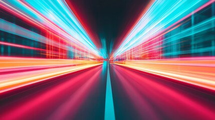 A vibrant, dynamic image showcasing a futuristic road illuminated by colorful neon lights and motion blur effects.