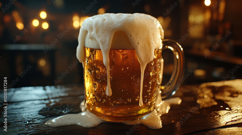 Poster A close-up of a frothy beer mug overflowing with foam on a rustic wooden table in a cozy pub setting. Generative AI