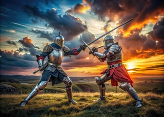 Fototapeta premium Intense Duel Between Two Knights in Armor on a Medieval Battlefield Under Dramatic Sky at Dusk