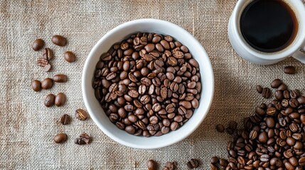 A simple flat lay of freshly roasted coffee beans in a white bowl, surrounded by raw beans and a coffee cup on a textured background