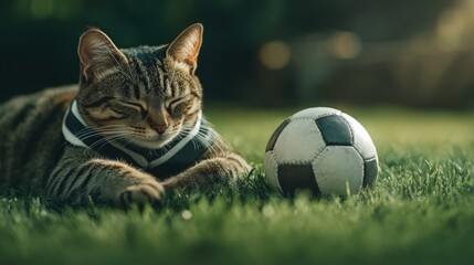 Cute tabby cat relaxing on green grass next to a small soccer ball, concept of sport