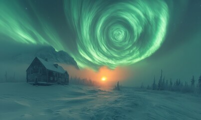 Northern lights swirl above snow-covered hills under a bright moon at dusk