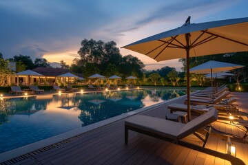 Obraz premium Tropical Resort Swimming Pool at Sunset - Luxury Vacation Getaway