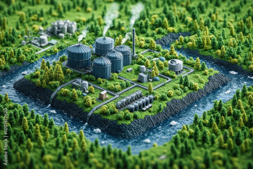 Wall mural A miniature industrial complex nestled in a lush green forest, surrounded by a river. The factory consists of cylindrical tanks, a smokestack, pipes, and a power plant.