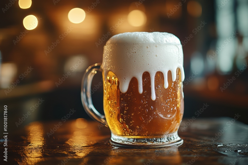 Poster a close-up of a frothy beer mug with foam spilling over on a rustic wooden table, capturing a cozy p