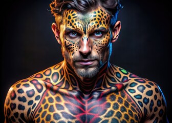 Obraz premium Intricate Cheetah Man Tattoo Design Featuring Bold Lines and Dynamic Patterns on Skin Canvas